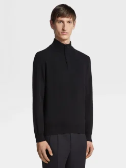 Black Oasi Cashmere Zip Mock Neck Sweater