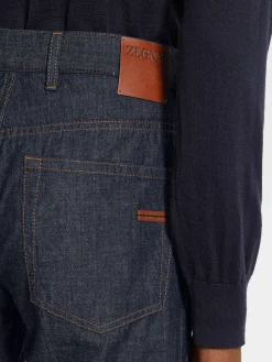 Dark Blue Rinse-washed Cotton and Linen Roccia Jeans