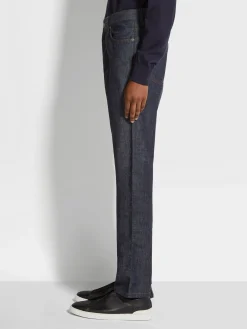 Dark Blue Rinse-washed Cotton and Linen Roccia Jeans