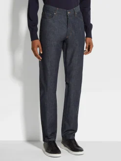 Dark Blue Rinse-washed Cotton and Linen Roccia Jeans