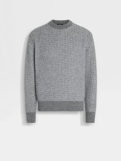 Grey and White Cashmere Mohair and Silk Crewneck