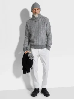 Grey and White Cashmere Mohair and Silk Crewneck