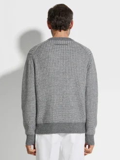 Grey and White Cashmere Mohair and Silk Crewneck