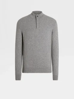 Grey Mélange Oasi Cashmere Zip Mock Neck Sweater