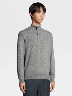 Grey Mélange Oasi Cashmere Zip Mock Neck Sweater