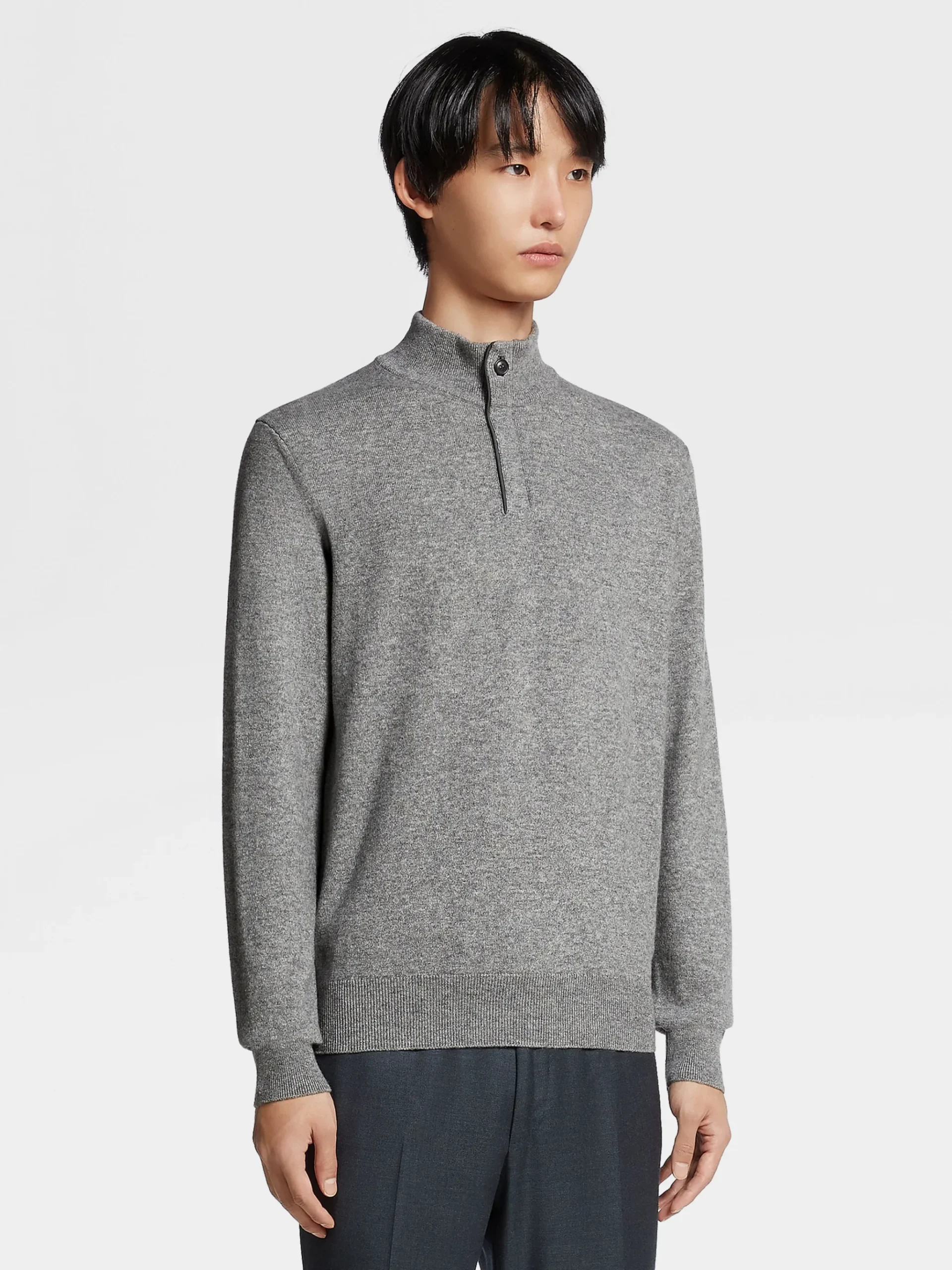 Grey Mélange Oasi Cashmere Zip Mock Neck Sweater