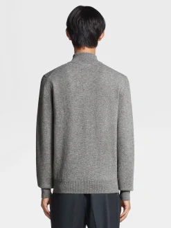 Grey Mélange Oasi Cashmere Zip Mock Neck Sweater