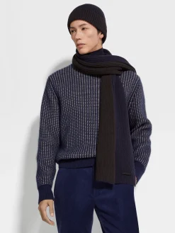 Ink Blue and Dark Brown Oasi Cashmere Scarf