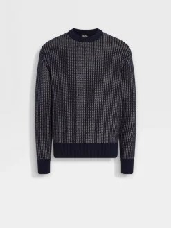 Ink Blue and Light Taupe Cashmere Mohair and Silk Crewneck