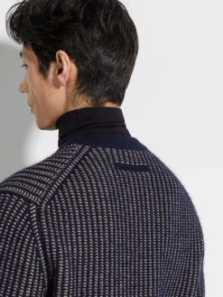 Ink Blue and Light Taupe Cashmere Mohair and Silk Crewneck