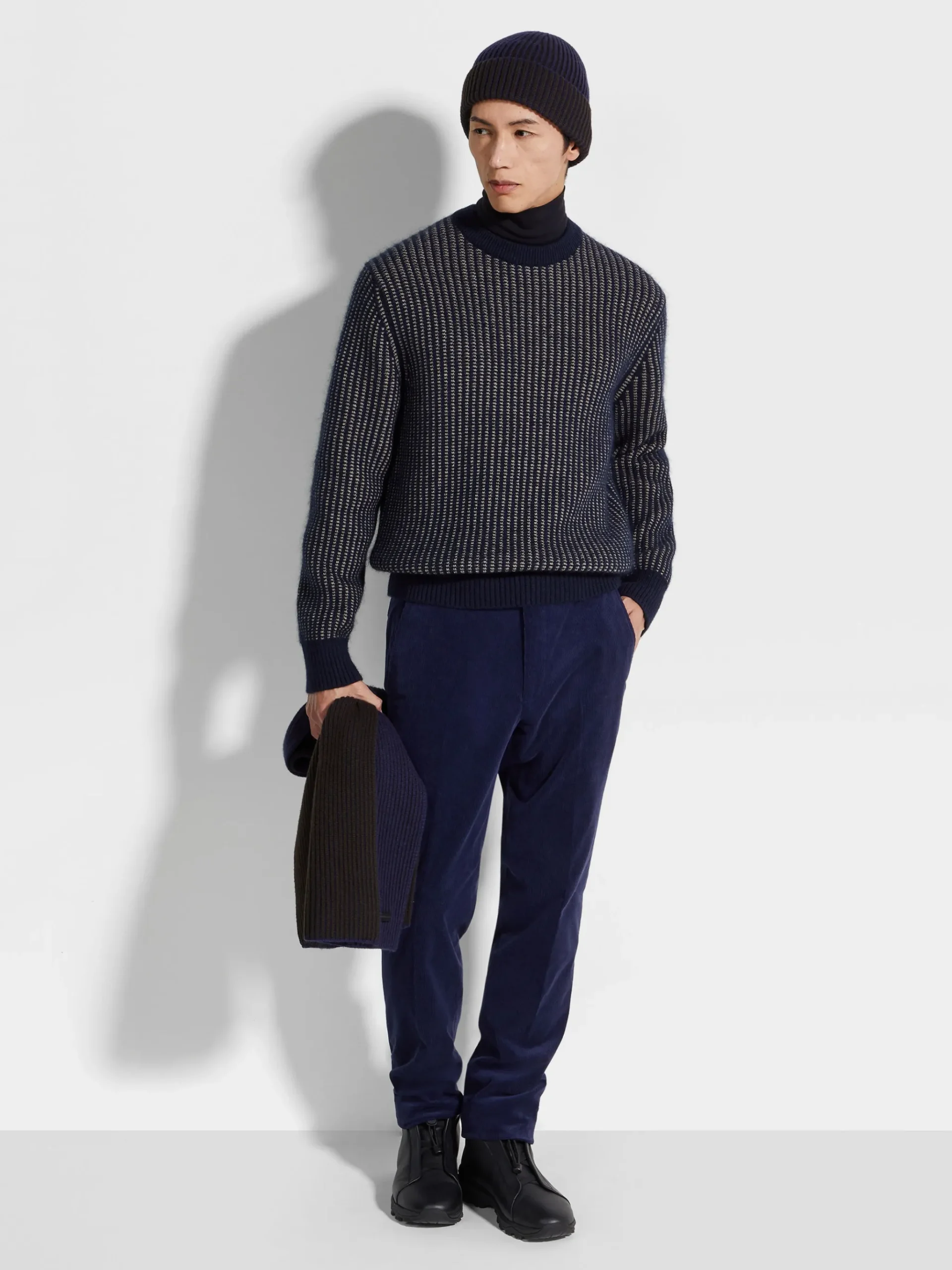 Ink Blue and Light Taupe Cashmere Mohair and Silk Crewneck