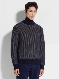 Ink Blue and Light Taupe Cashmere Mohair and Silk Crewneck