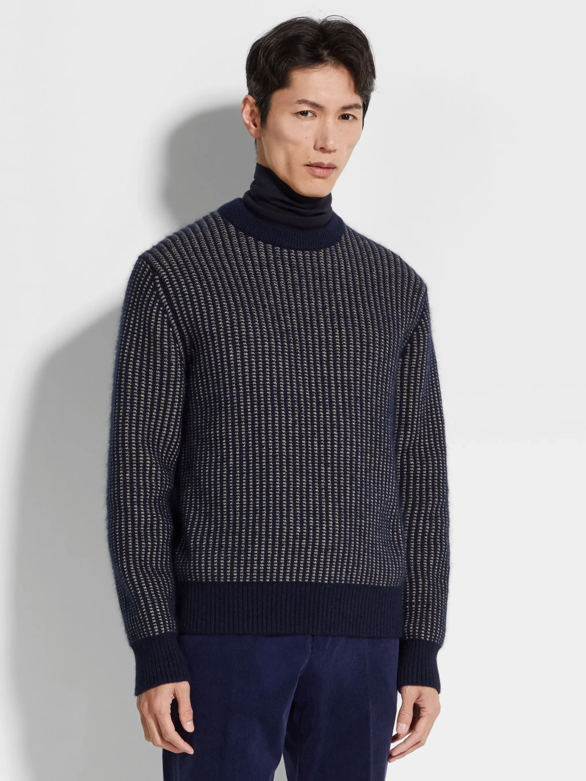 Ink Blue and Light Taupe Cashmere Mohair and Silk Crewneck