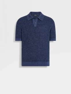 Ink Blue Mélange Silk Cashmere and Linen Polo Shirt