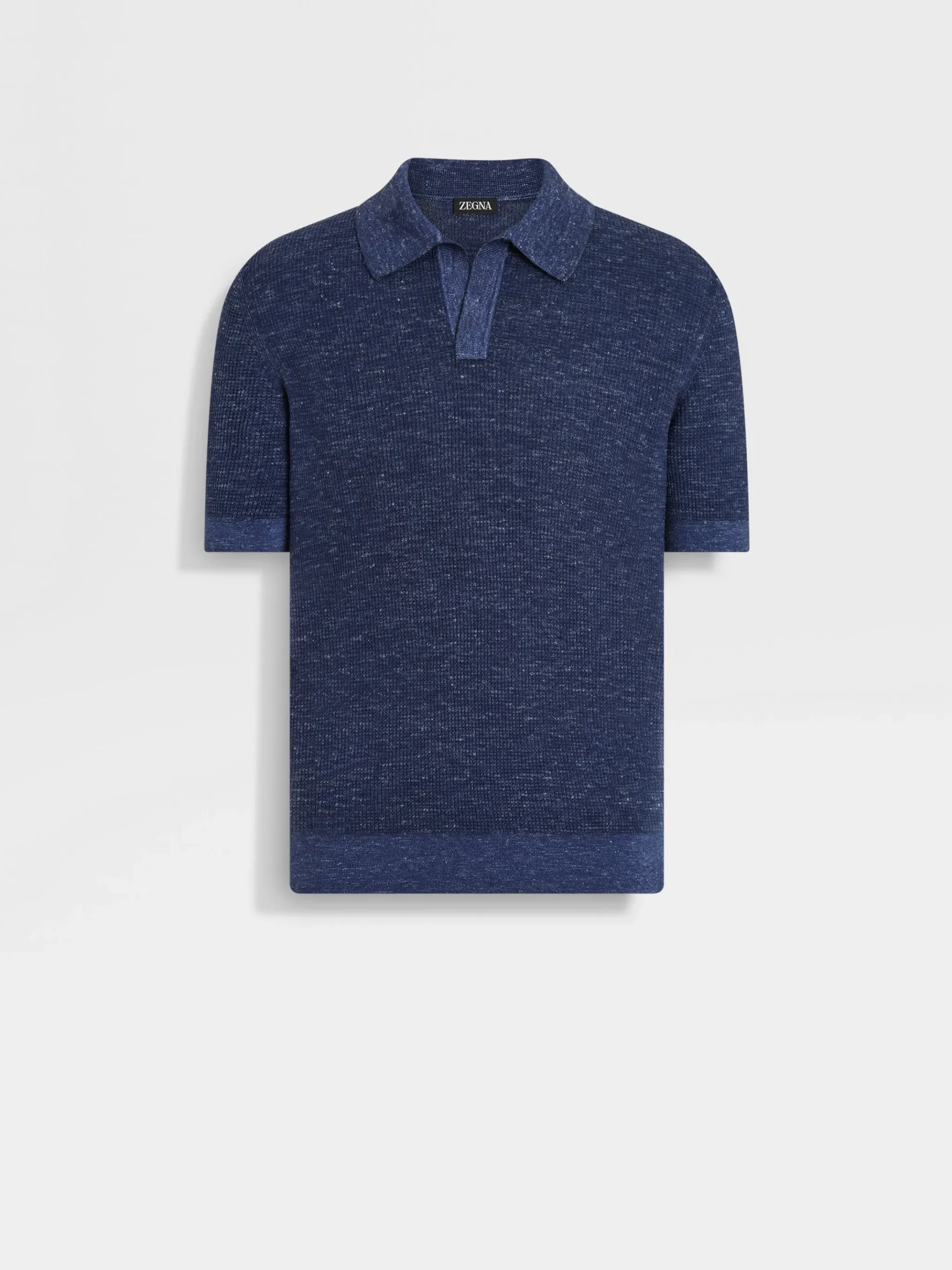 Ink Blue Mélange Silk Cashmere and Linen Polo Shirt