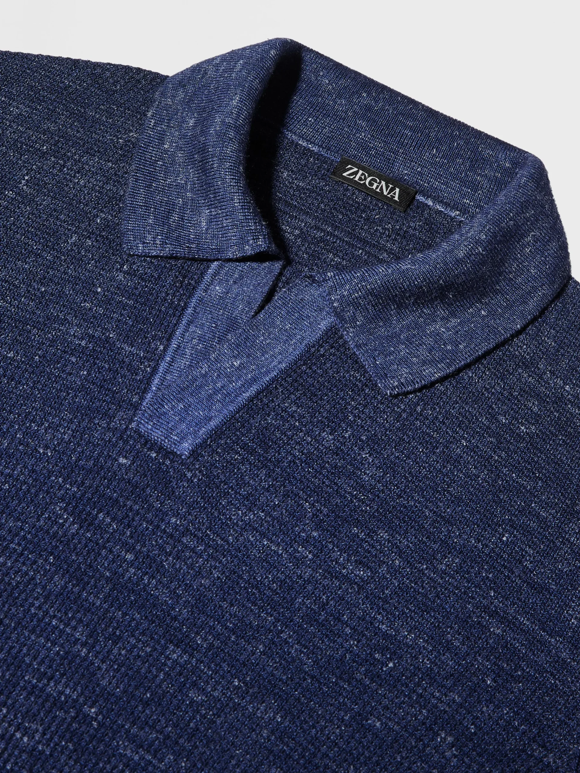 Ink Blue Mélange Silk Cashmere and Linen Polo Shirt