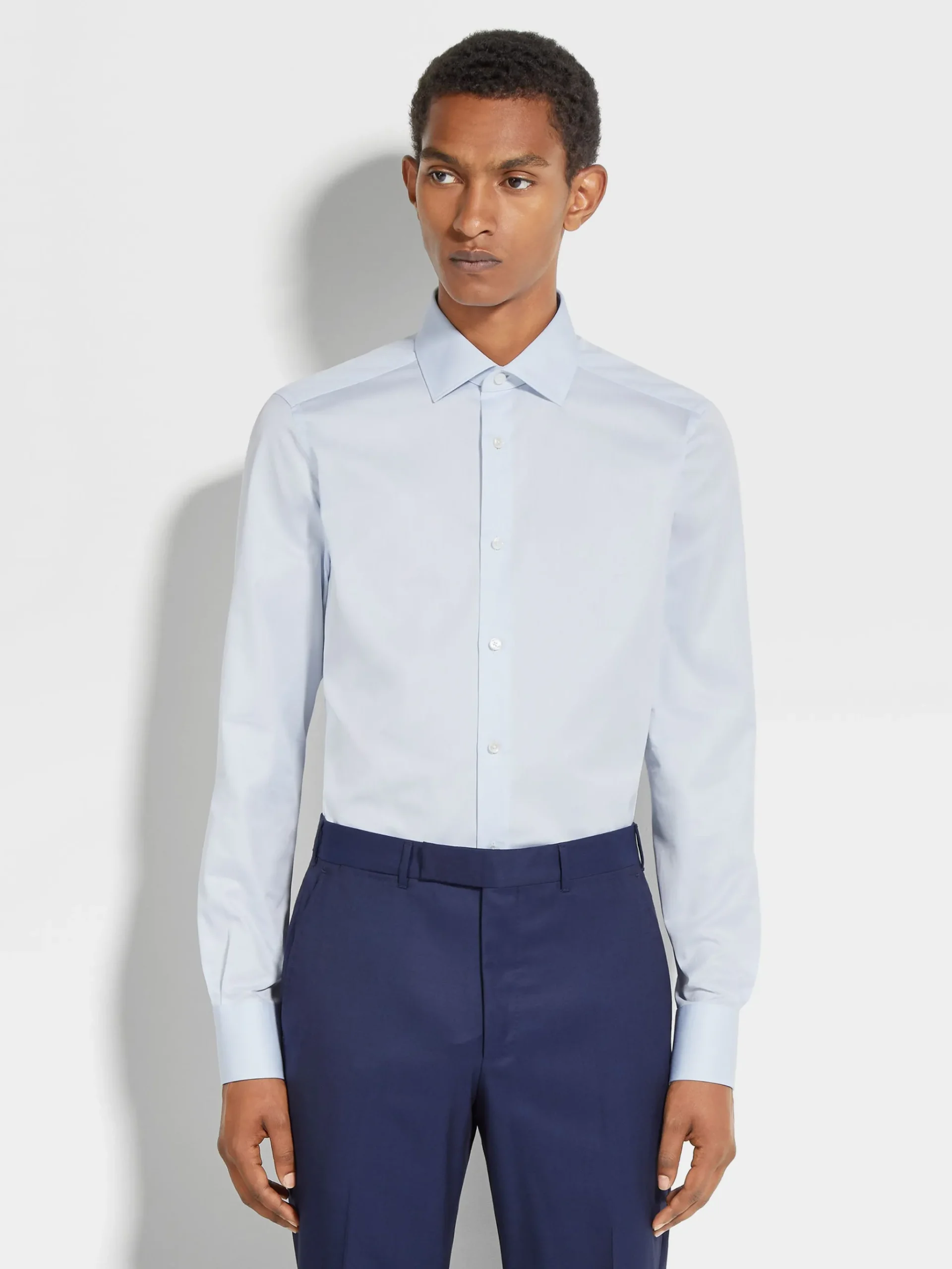 Light Blue Structured Micro-striped Trecapi Cotton Shirt