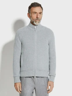 Light Grey and Grey Mélange Oasi Cashmere Full Zip Cardigan