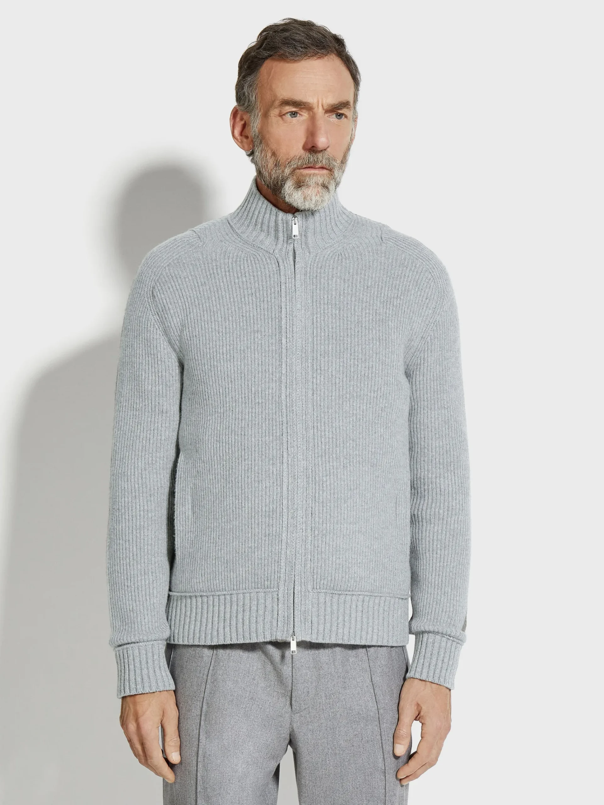 Light Grey and Grey Mélange Oasi Cashmere Full Zip Cardigan