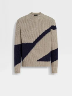 Light Taupe and Ink Blue Cashmere and Silk Crewneck