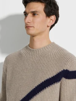 Light Taupe and Ink Blue Cashmere and Silk Crewneck