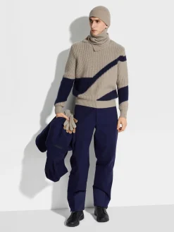 Light Taupe and Ink Blue Cashmere and Silk Crewneck