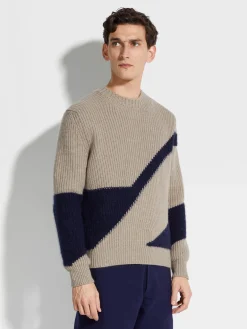 Light Taupe and Ink Blue Cashmere and Silk Crewneck