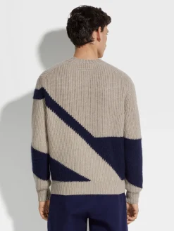 Light Taupe and Ink Blue Cashmere and Silk Crewneck