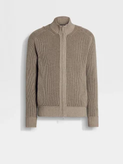 Light Taupe and Khaki Mélange Oasi Cashmere Full Zip Cardigan