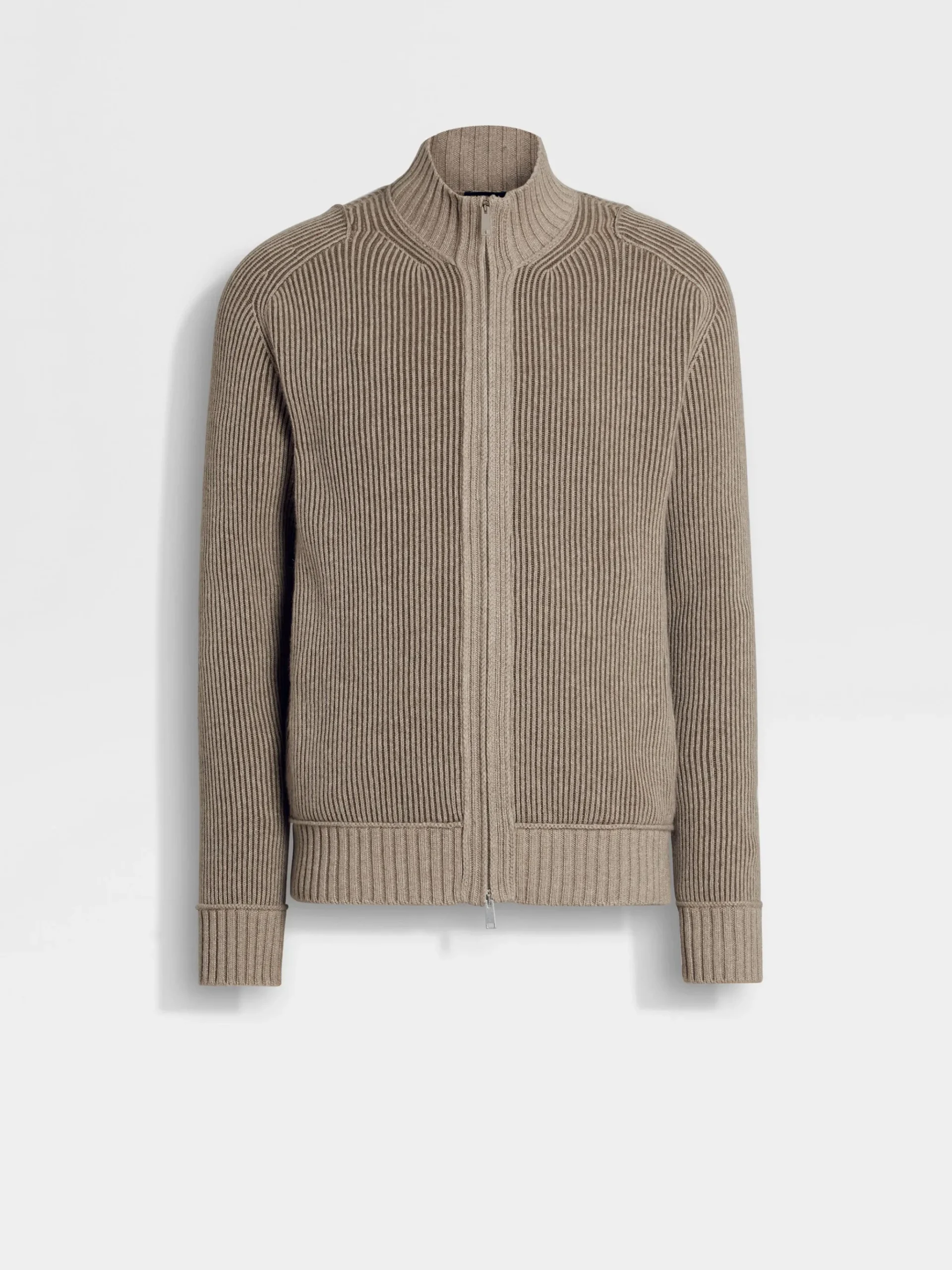 Light Taupe and Khaki Mélange Oasi Cashmere Full Zip Cardigan
