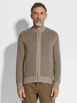 Light Taupe and Khaki Mélange Oasi Cashmere Full Zip Cardigan