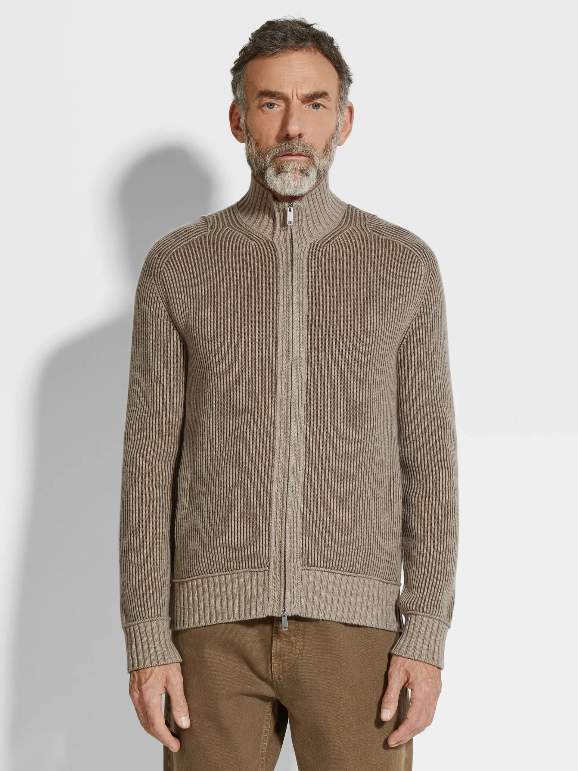 Light Taupe and Khaki Mélange Oasi Cashmere Full Zip Cardigan