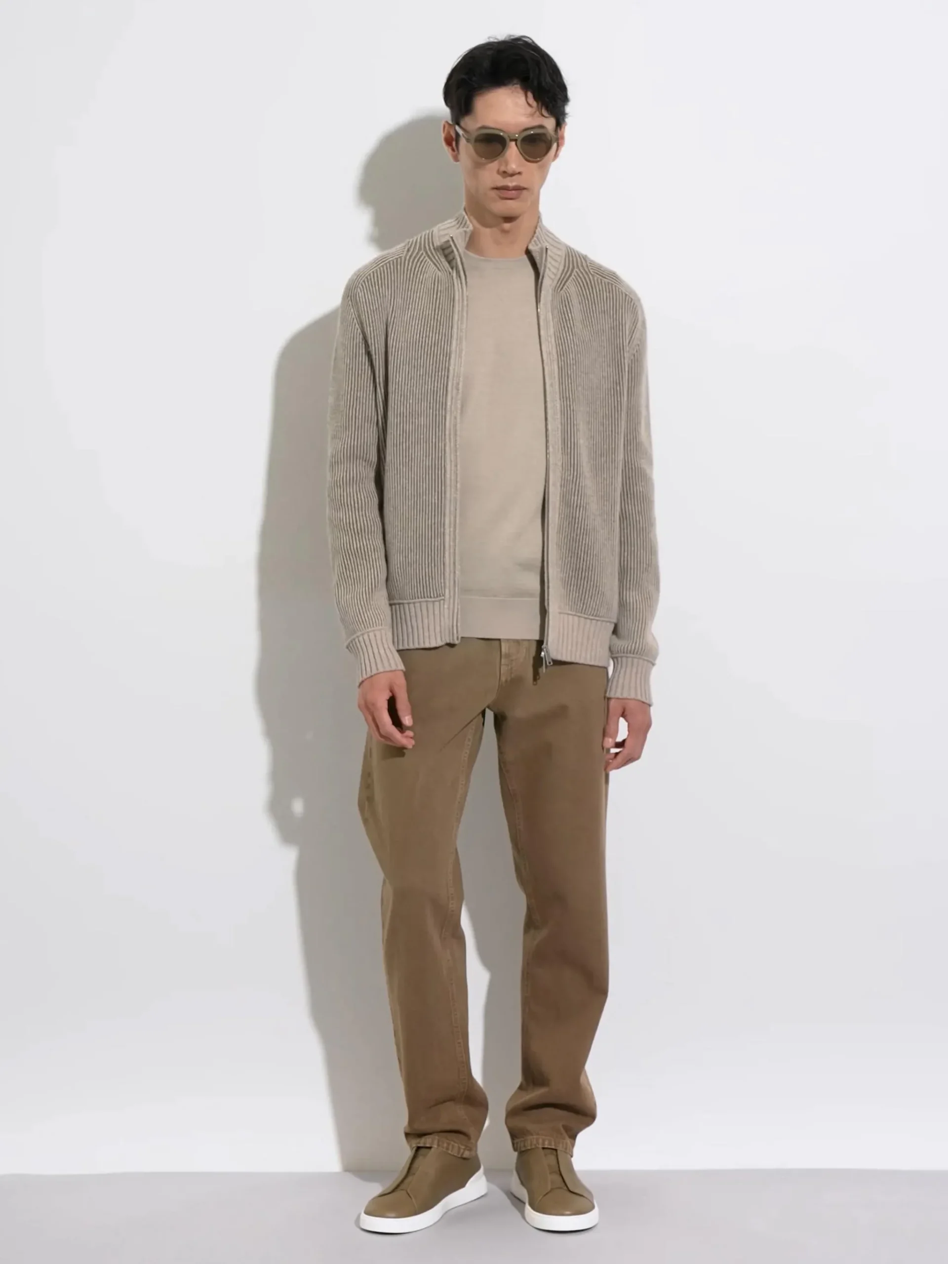 Light Taupe and Khaki Mélange Oasi Cashmere Full Zip Cardigan