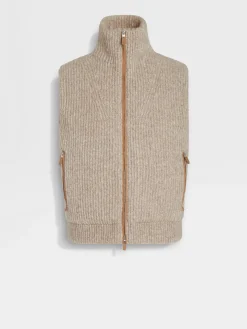 Light Taupe Mélange Cashmere Blend Full Zip Vest