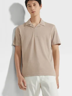 Light Taupe Silk and Cotton Piquet Polo Shirt
