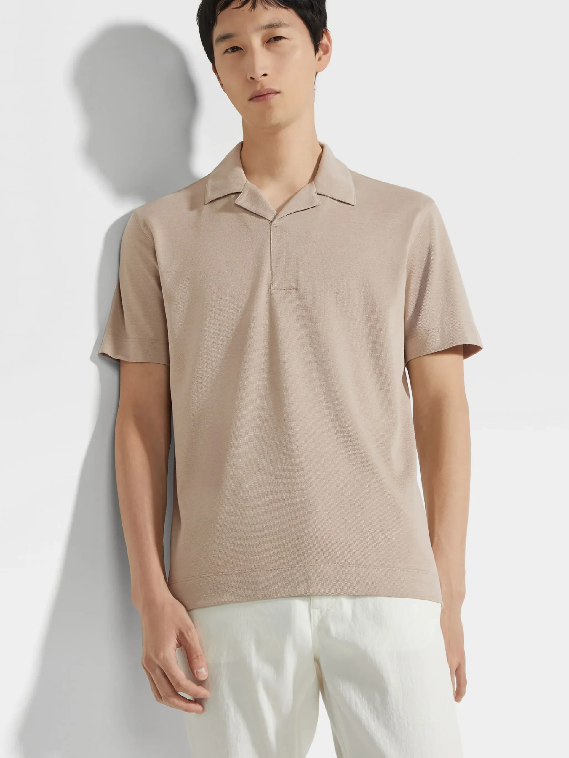 Light Taupe Silk and Cotton Piquet Polo Shirt