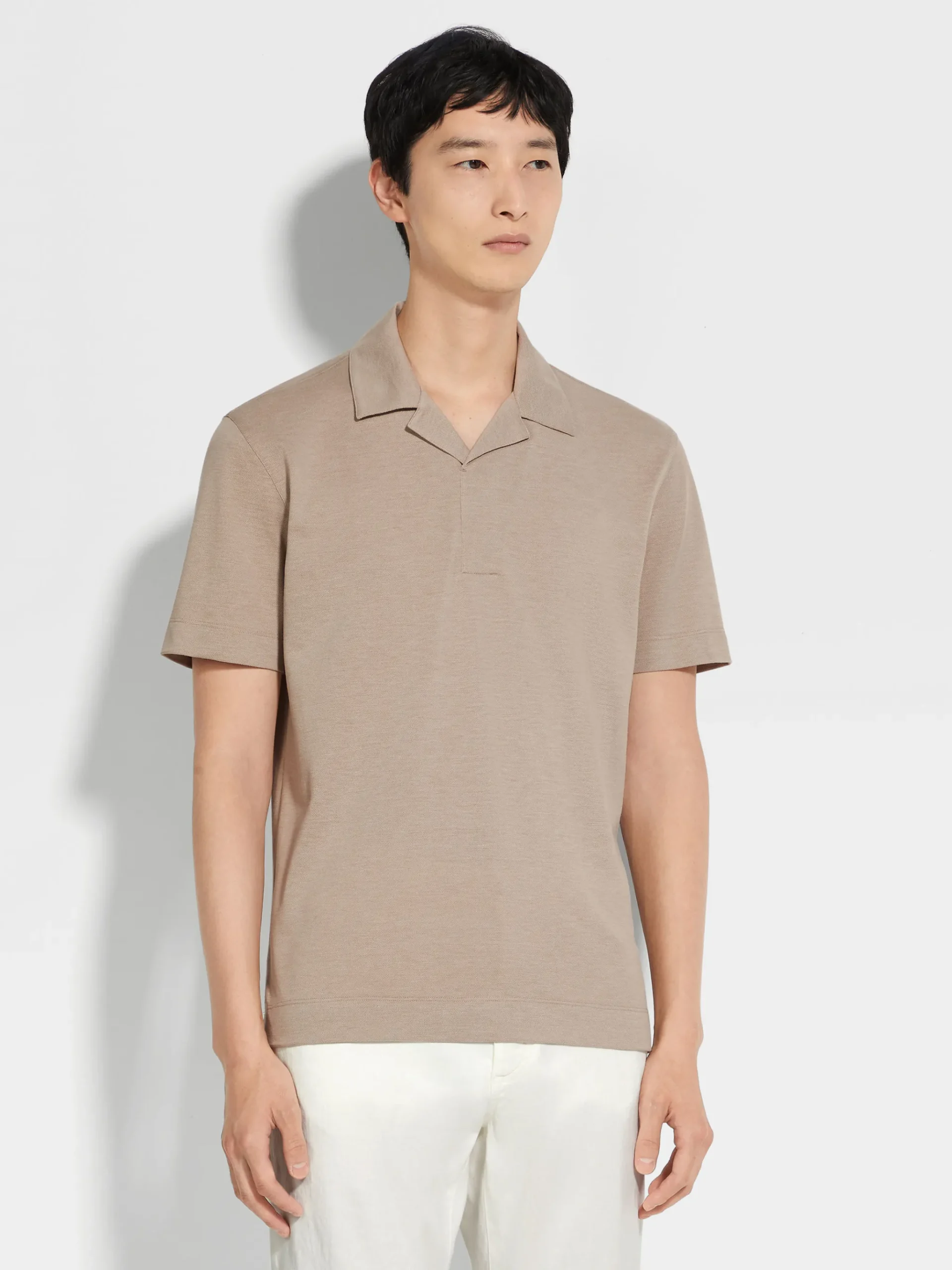 Light Taupe Silk and Cotton Piquet Polo Shirt