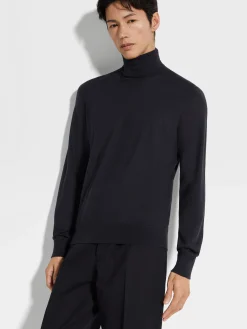 Navy Blue Mélange Cashseta Turtleneck