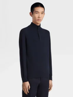 Navy Blue Mélange Oasi Cashmere Zip Mock Neck Sweater