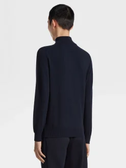 Navy Blue Mélange Oasi Cashmere Zip Mock Neck Sweater