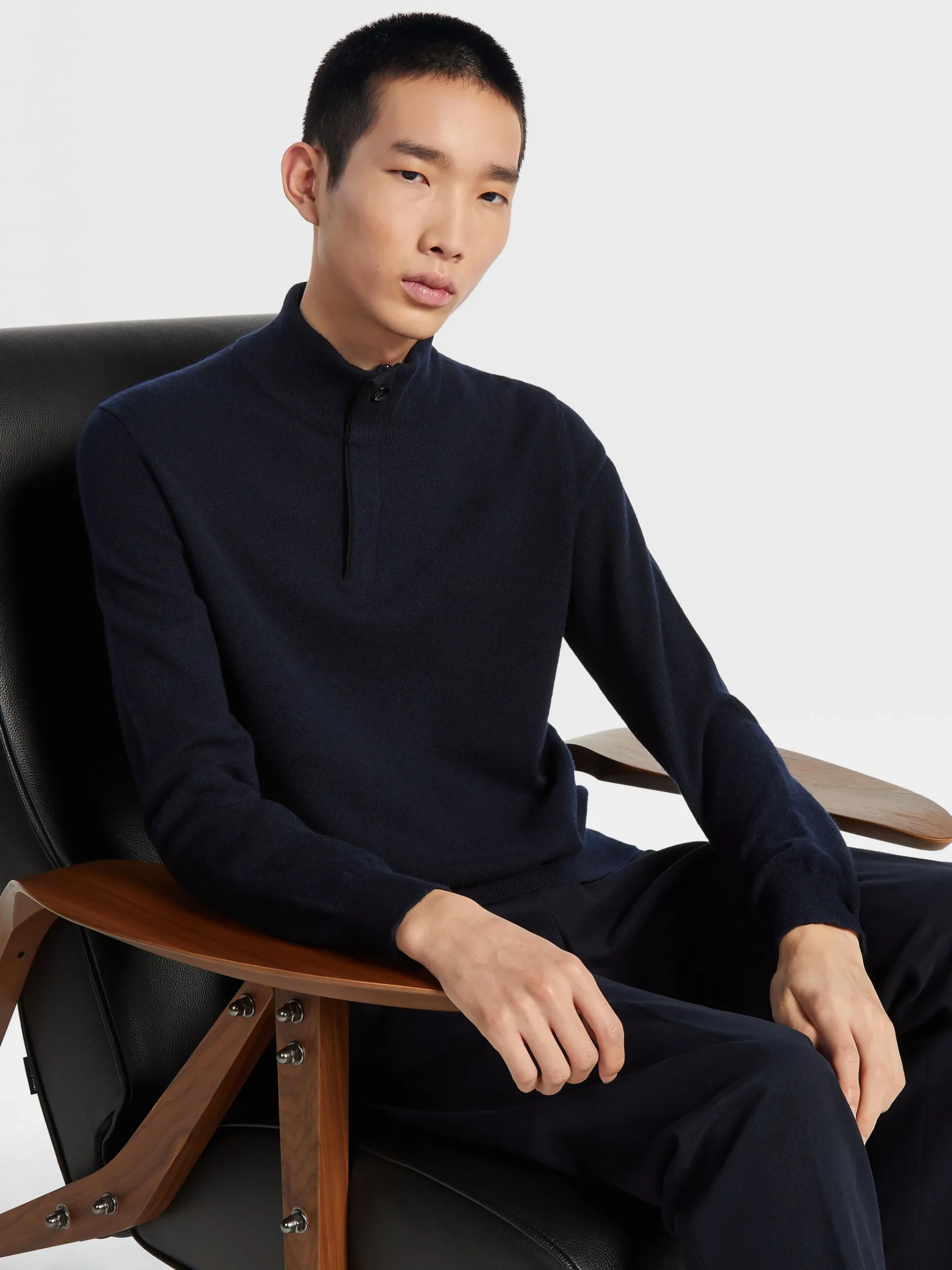 Navy Blue Mélange Oasi Cashmere Zip Mock Neck Sweater