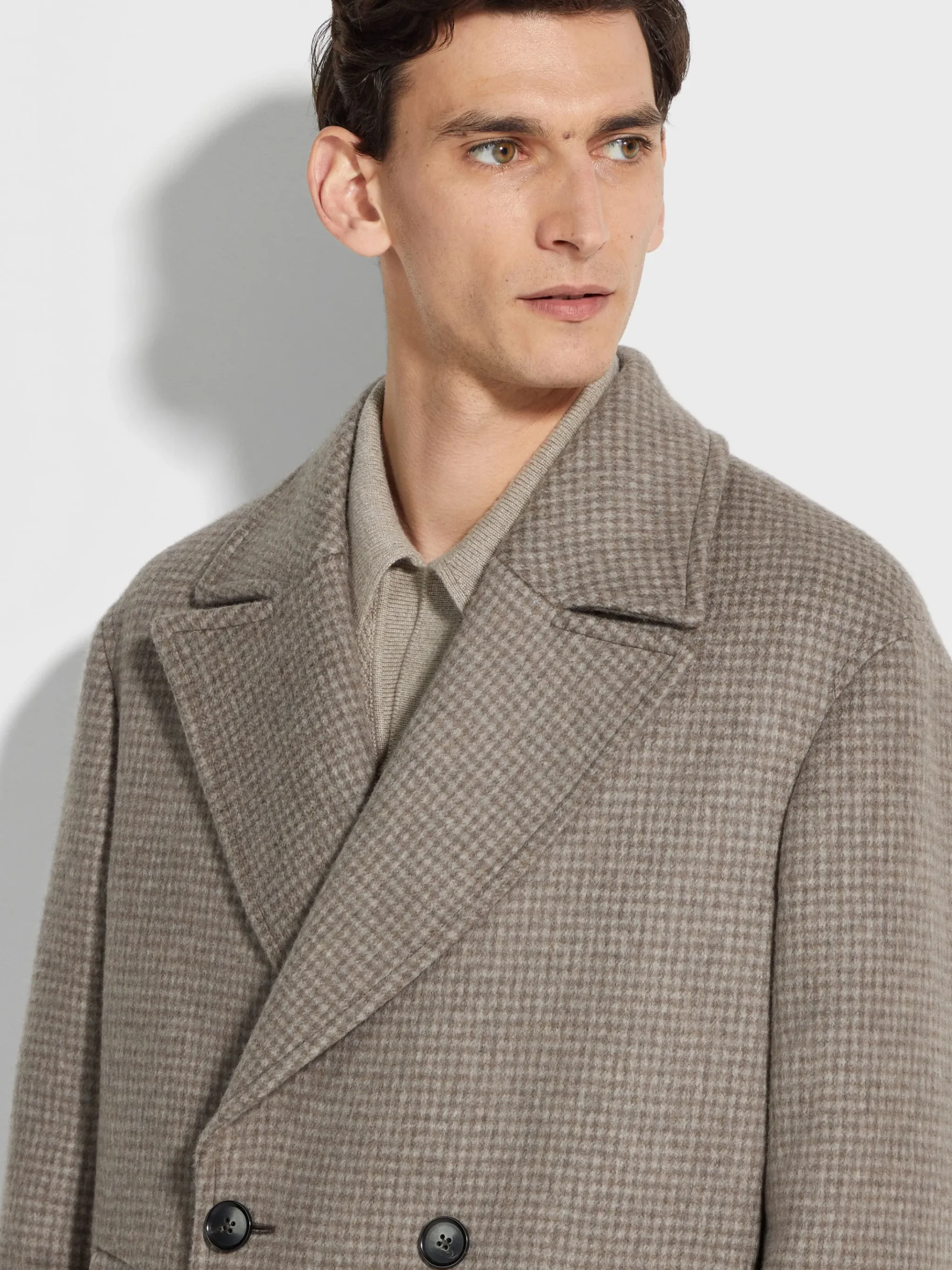 Taupe and Grey Cashmere and Wool Blend Overcoat