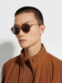 Transparent Brown Acetate and Metal Sunglasses