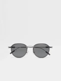 Transparent Grey and Dark Ruthenium Acetate and Metal Sunglasses
