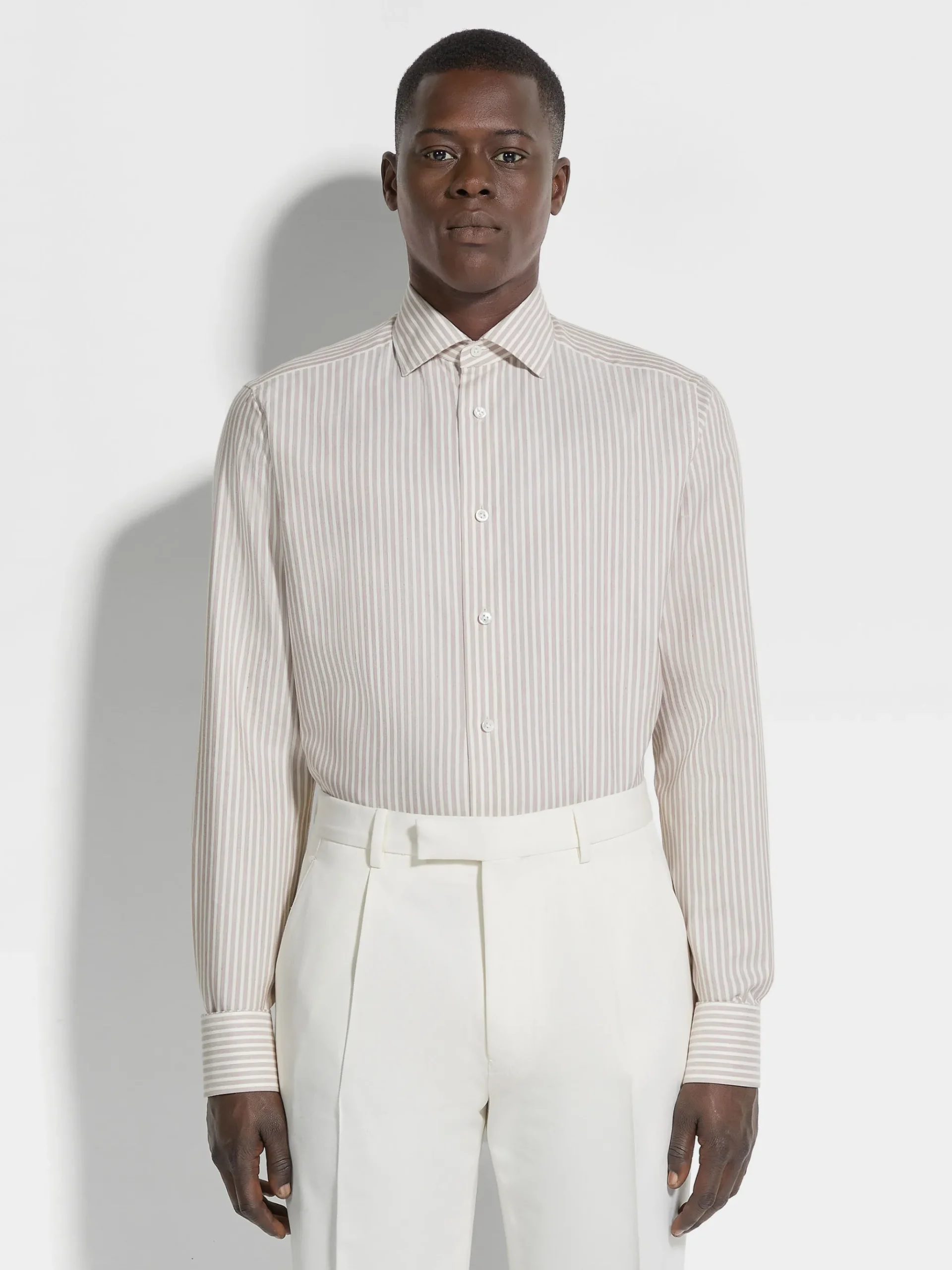 White and Dark Purple Macro-striped Silk Cotton and Cashmere Shirt