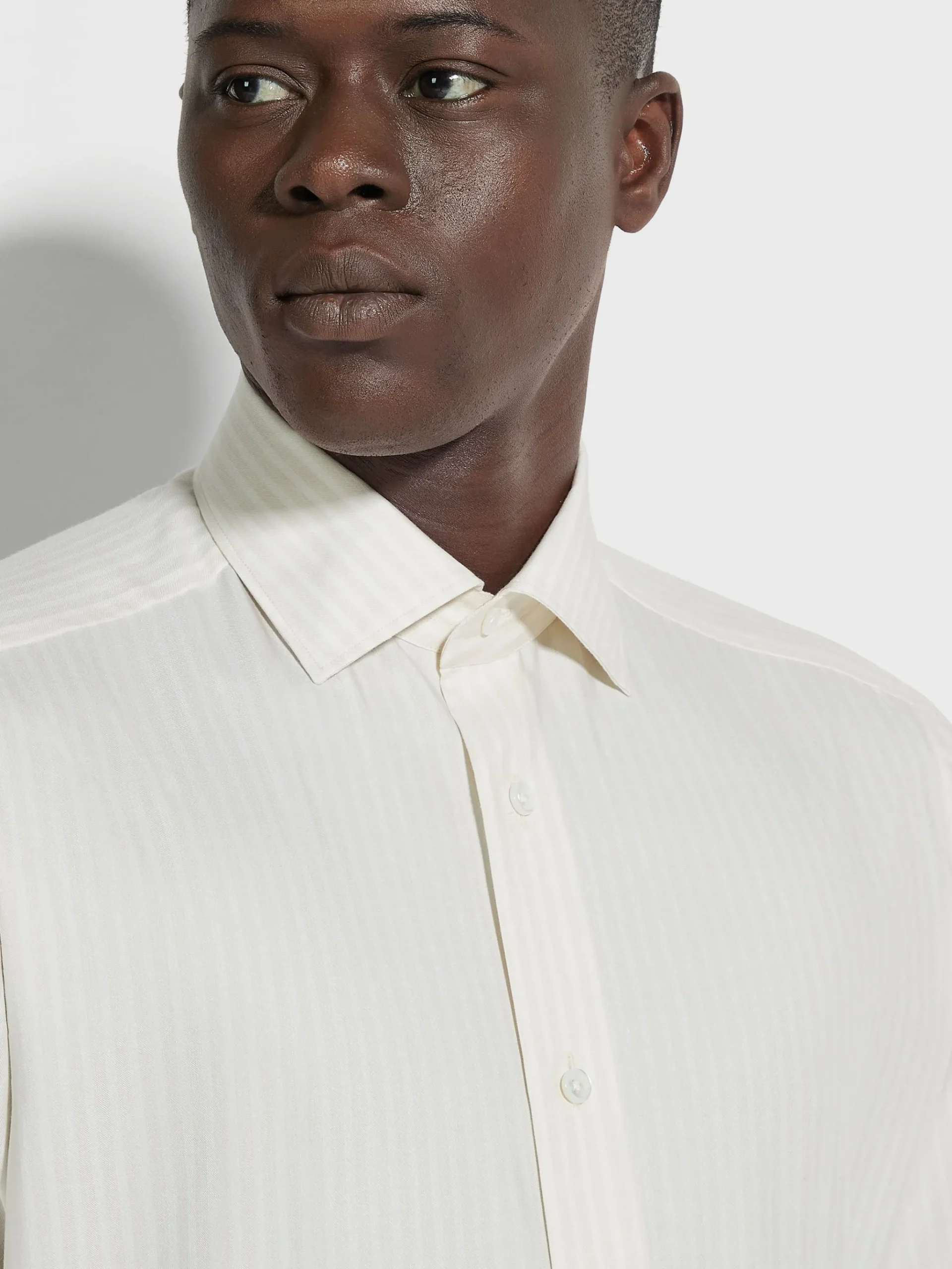White and Light Beige Macro-striped Silk Cotton and Cashmere Shirt