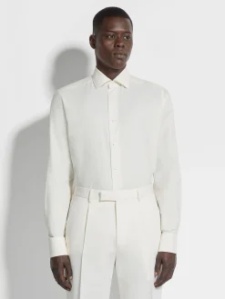 White and Light Beige Macro-striped Silk Cotton and Cashmere Shirt