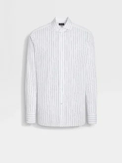 White and Navy Blue Macro-striped Centoventimila Cotton Shirt