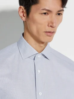 White and Navy Blue Micro-structured Centoventimila Cotton Shirt