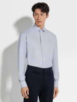 White and Navy Blue Micro-structured Centoventimila Cotton Shirt